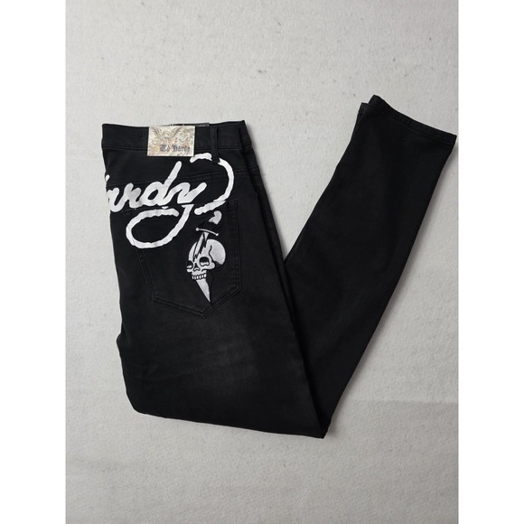 Ed Hardy Jeans Mens Sz 36x30 Black Embroidered Skull Denim Skinny